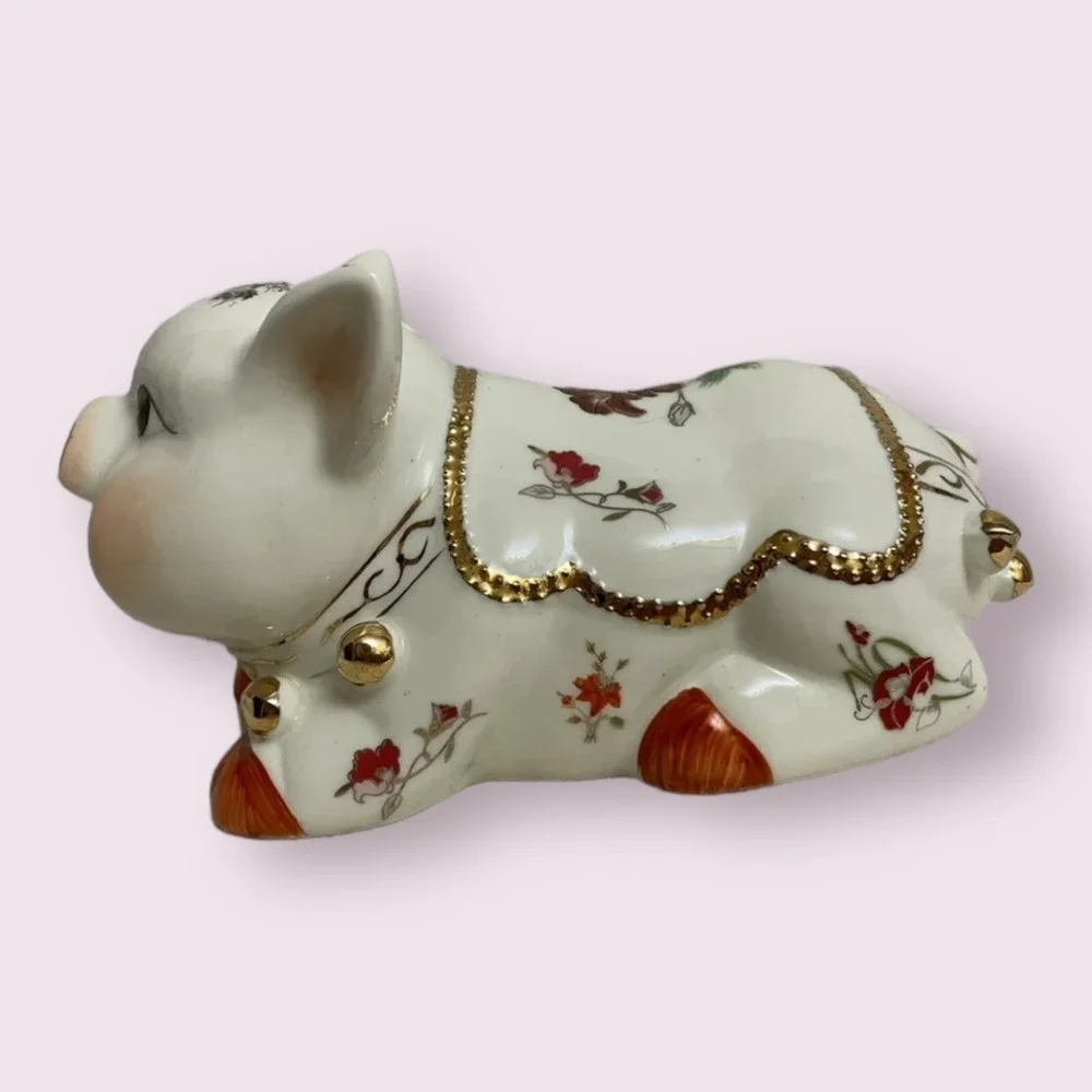Chinese Floral Ceramic Piggy Bank Home Decor Small White Gold